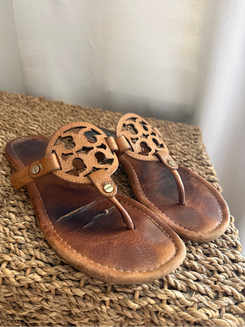 Tory Burch Brown Leather Logo Thong Sandals